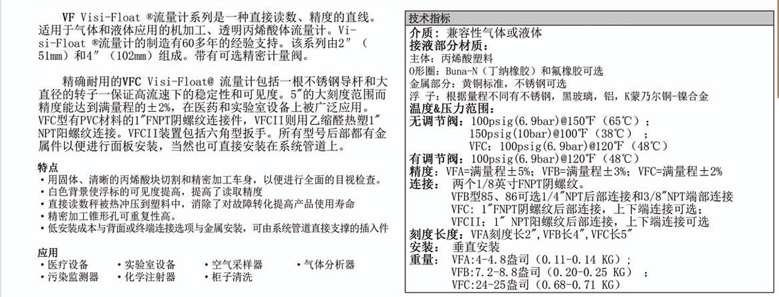 DWYER德威爾 VF系列 浮子流量計參數